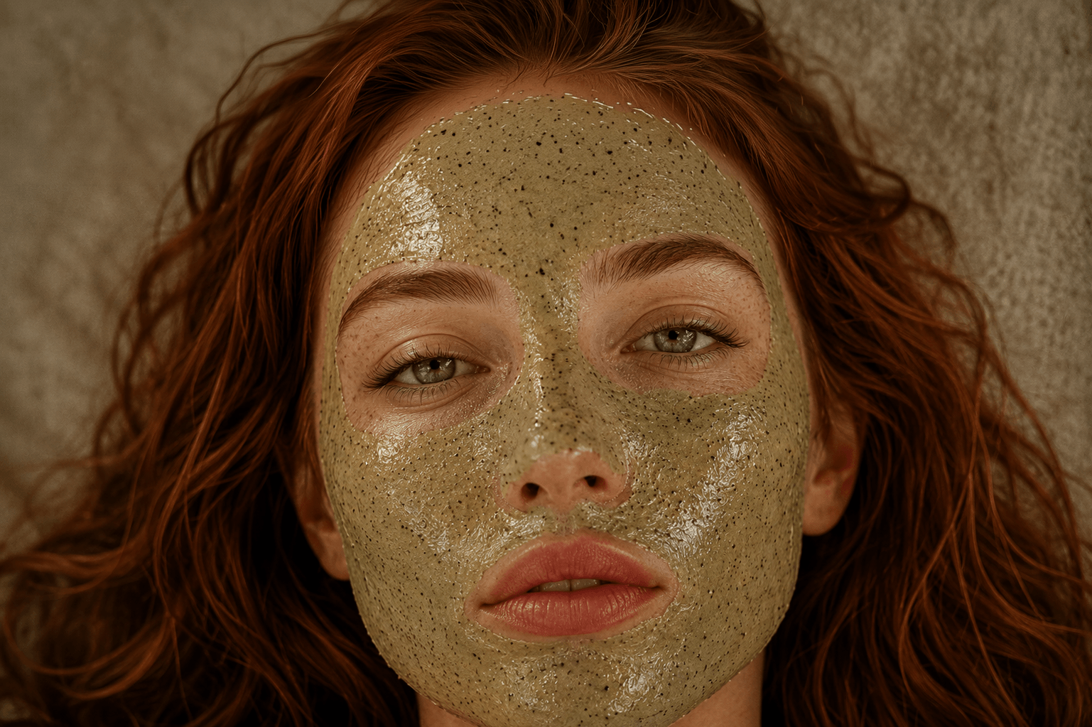 Young woman with slimy skincare mask for a younger glowing look free skincare products with natural Suvera Skincare
