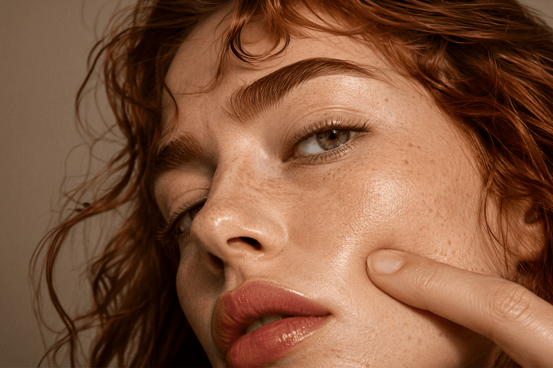 Freckled red-haired woman with naturally radiant skin and a healthy glow, captured in an intimate close-up beauty portrait focused on skin texture and luminosity.