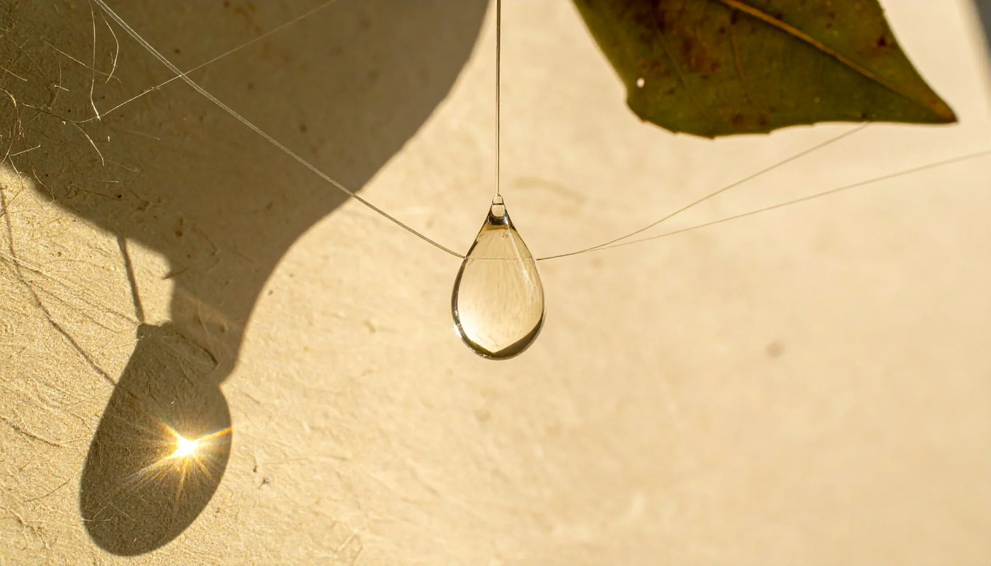 Water droplet and small leaf on a thin acrylic ledge; warm side light casting soft shadows on a matte limestone wall.