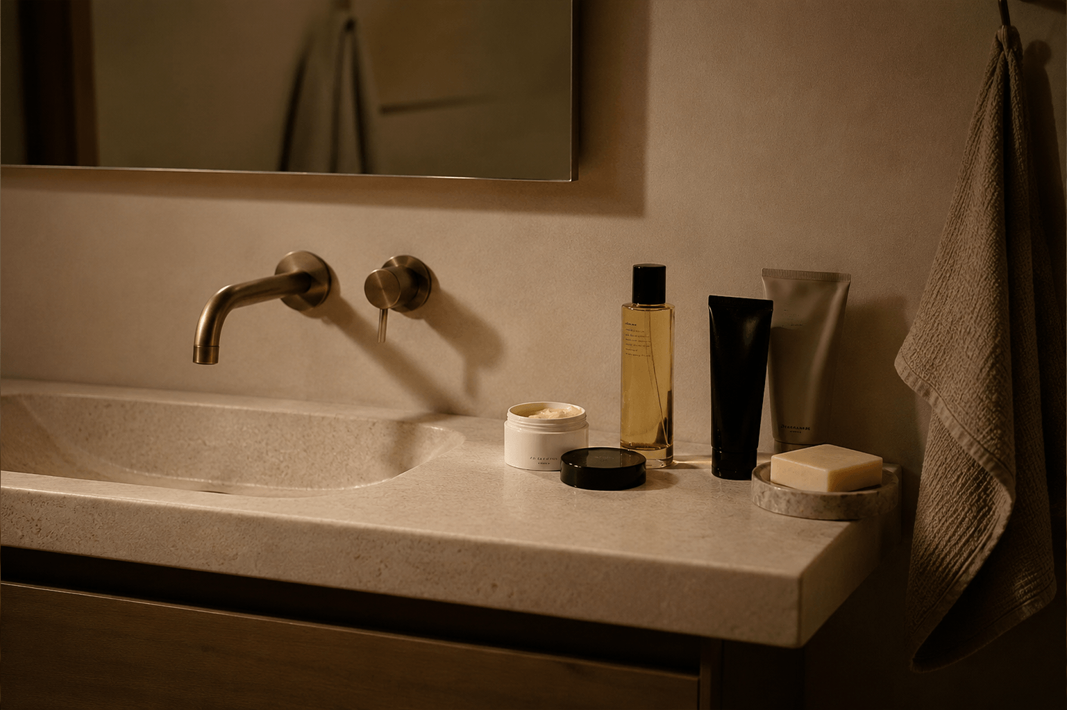 Thoughtfully arranged skincare essentials on a natural stone vanity, captured in warm light within a quiet, spa-inspired bathroom
