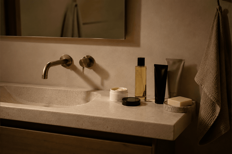 Thoughtfully arranged skincare essentials on a natural stone vanity, captured in warm light within a quiet, spa-inspired bathroom