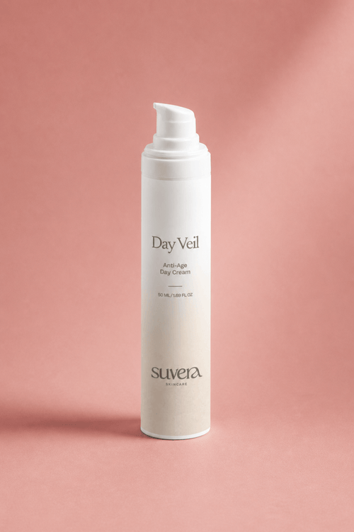 Suvera Day Veil cream bottle on a pink background Suvera Skincare, modern ritual