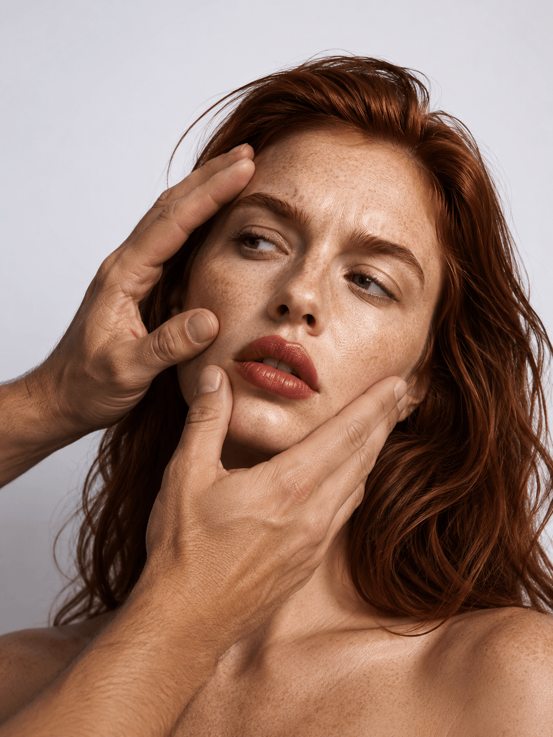 Woman with red hair and freckles, with a hand touching her face against a plain background - premium botanical skincare by Suvera Skincare
