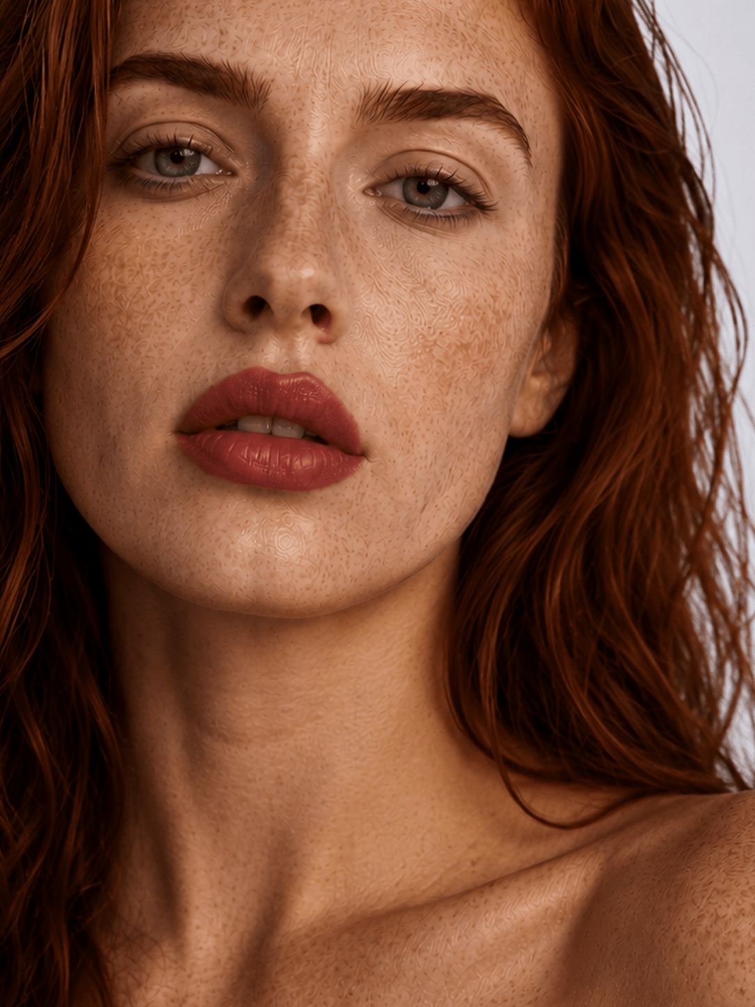 Close-up of a person with red hair and freckles on a neutral background - minimalist luxury skincare by Suvera Skincare
