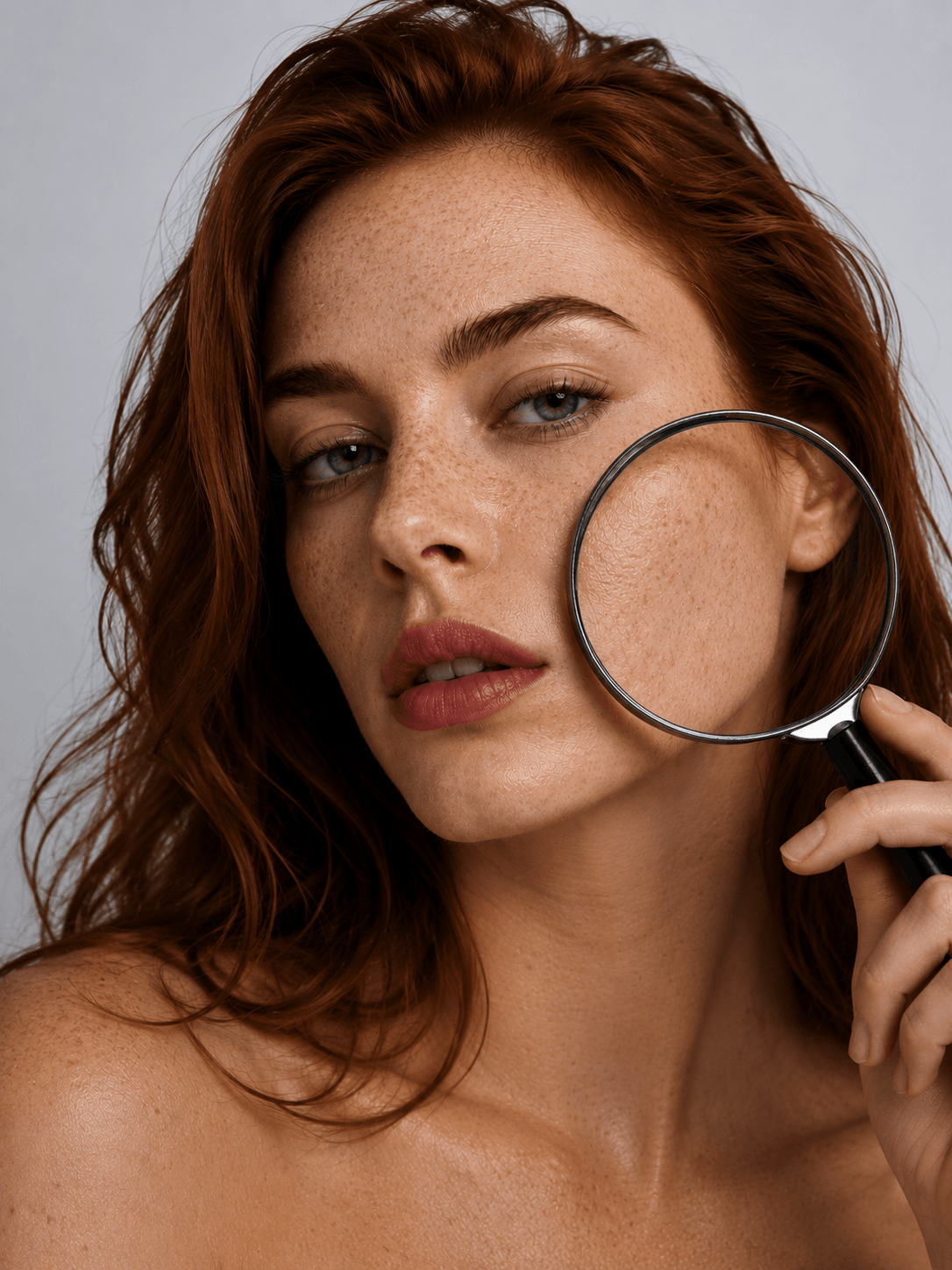 Woman examining her skin with a magnifying glass against a neutral background - Suvera Skincare premium vegan beauty