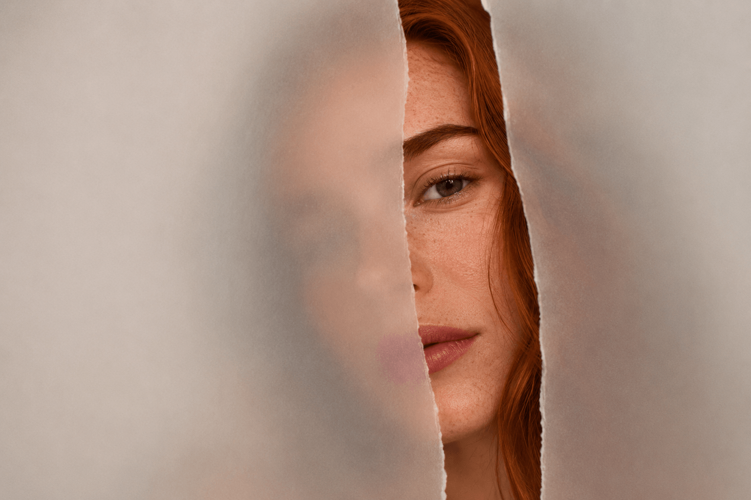 Woman peeking through a piece of light-colored fabric Suvera Skincare, vegan skincare, Bureau Veritas certified