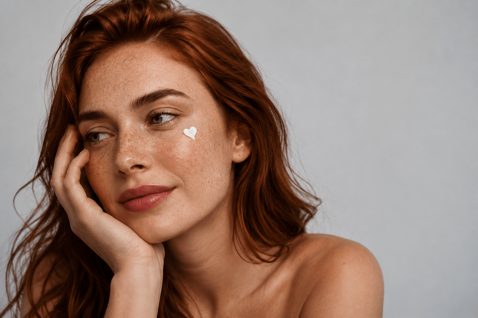 Woman with a small white dot on her cheek against a plain background - luxury natural skincare by Suvera Skincare
