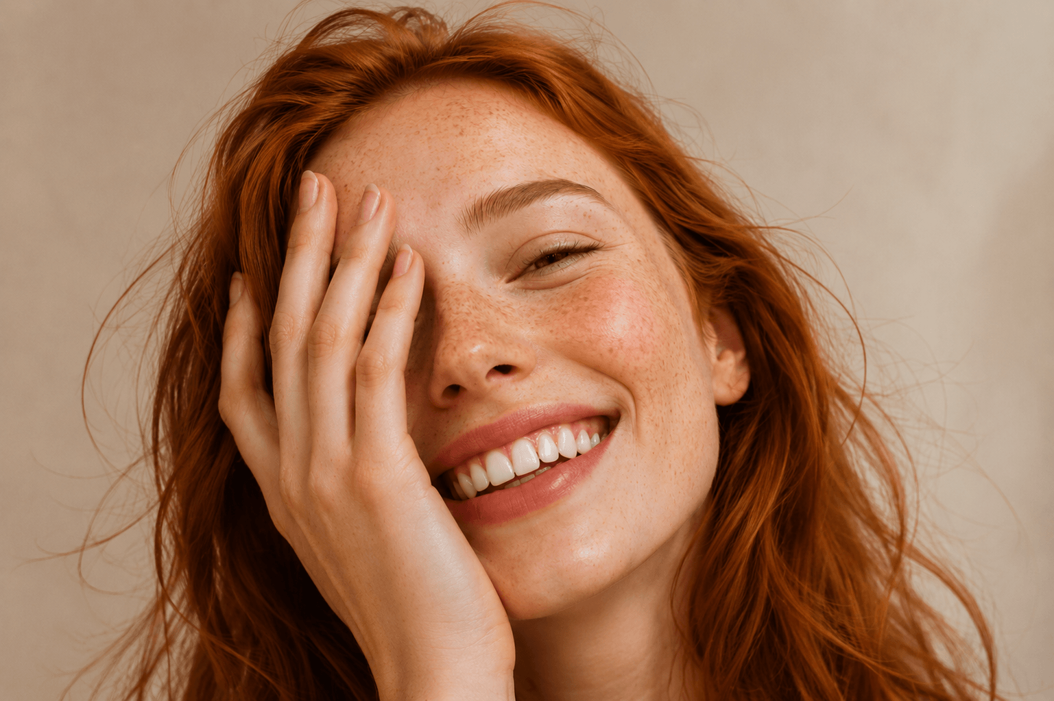 Young woman smiling while holding eye Suvera Skincare, COSMOS certified skincare, vegan skincare