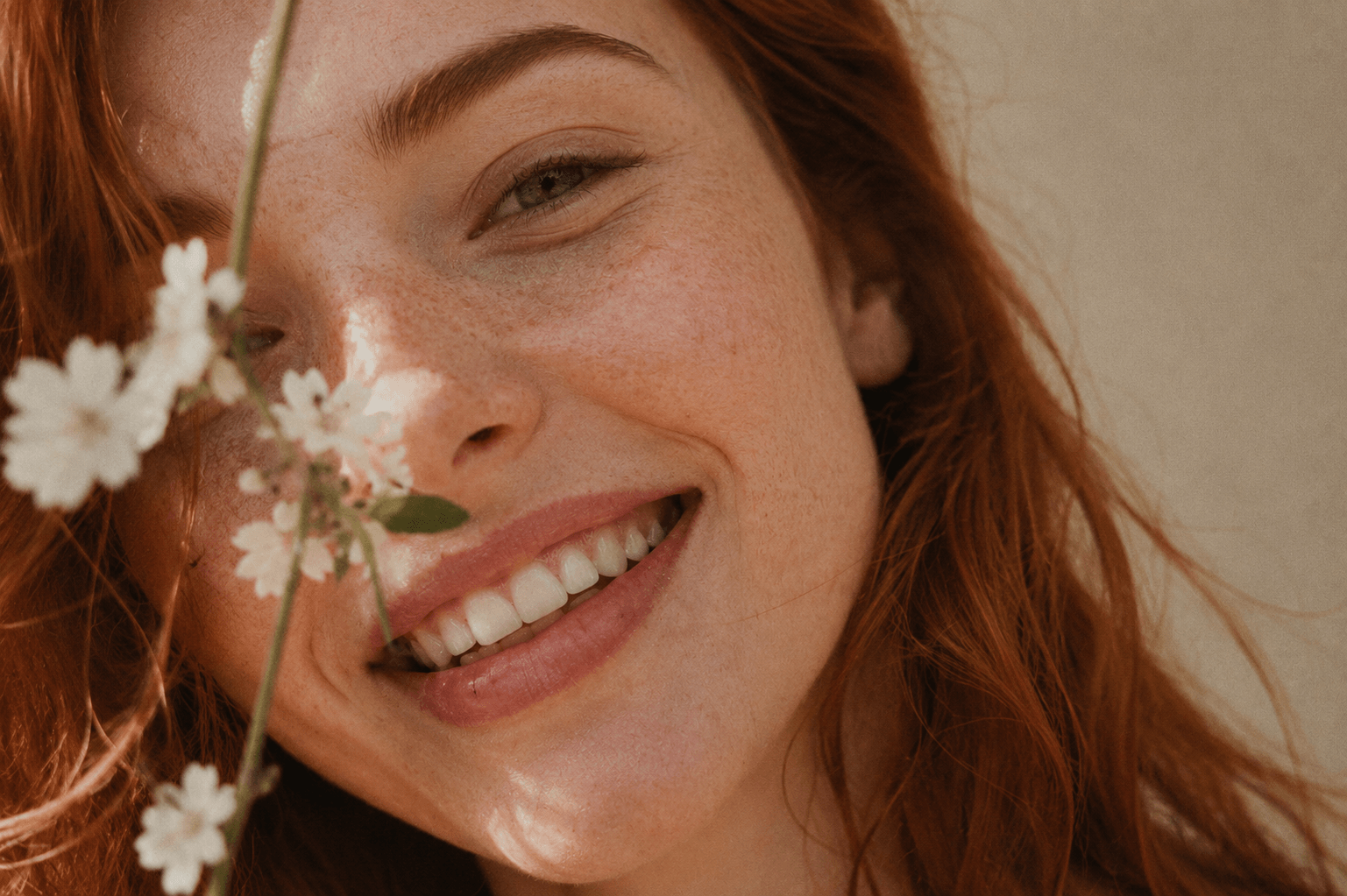 Young woman smiling while holding natural flowers in front of her face Suvera Skincare, Bureau Veritas certified, natural vegan skincare