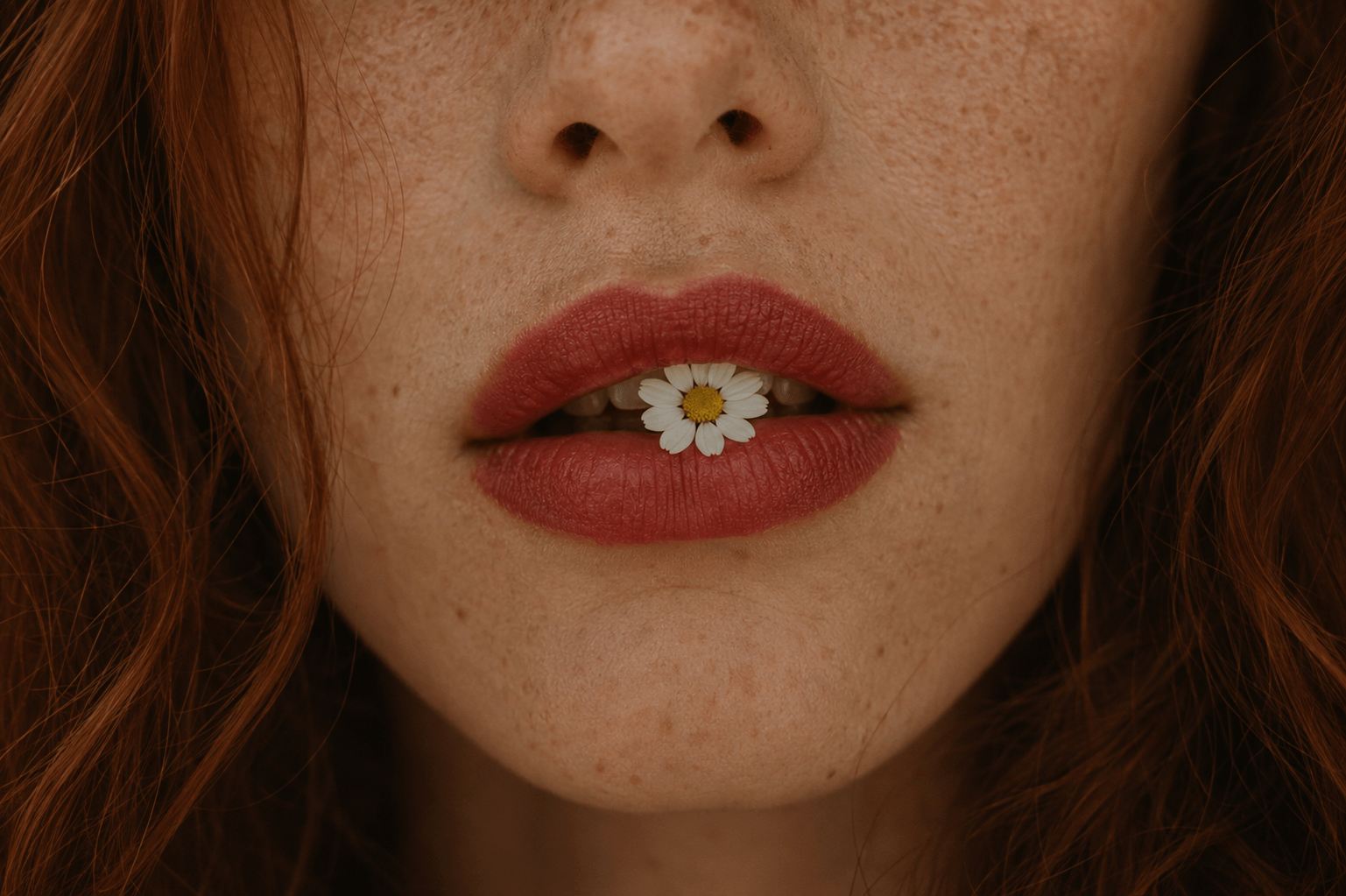 Lady with Chamomile flower in her mouth photographic shot for Suvera Skincare