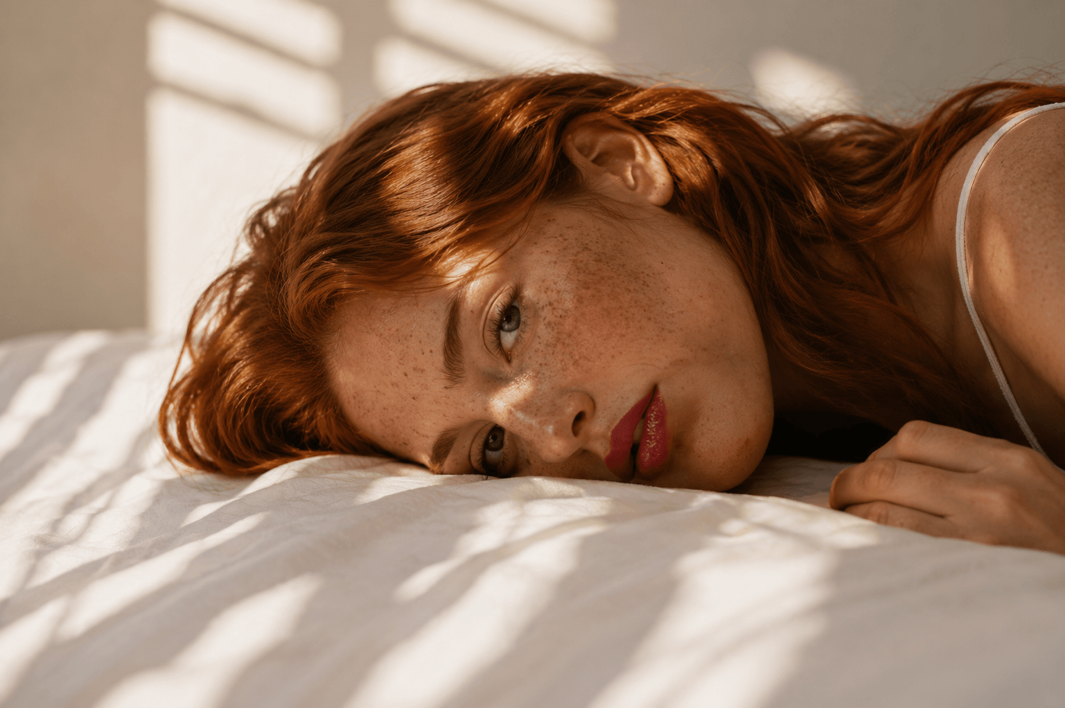 Young lady with beautiful red hair laying down on bed resting for Skincare Suvera