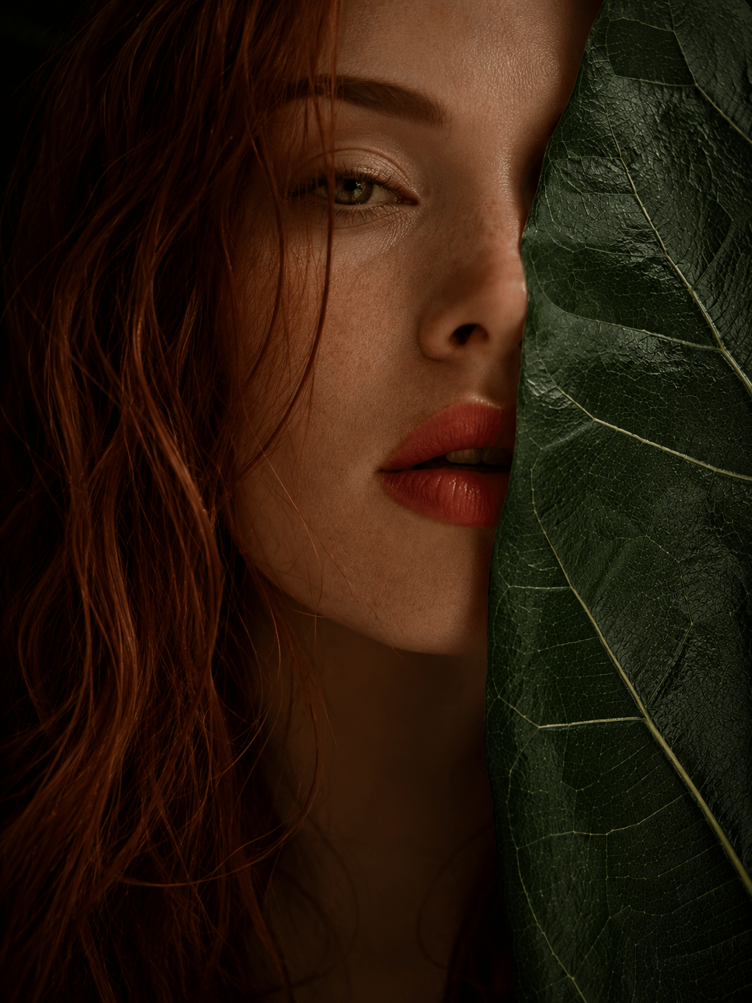 Woman's face partially obscured by a large green leaf Suvera Skincare, vegan skincare