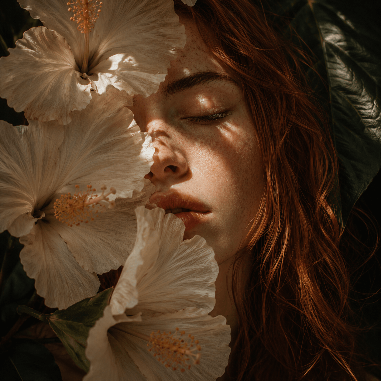 Close-up of a person with eyes closed surrounded by large white flowers. Suvera Skincare, natural vegan skincare