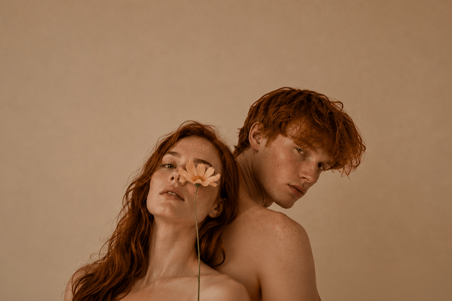 Two people with a neutral background Suvera Skincare, modern skincare ritual, vegan beauty