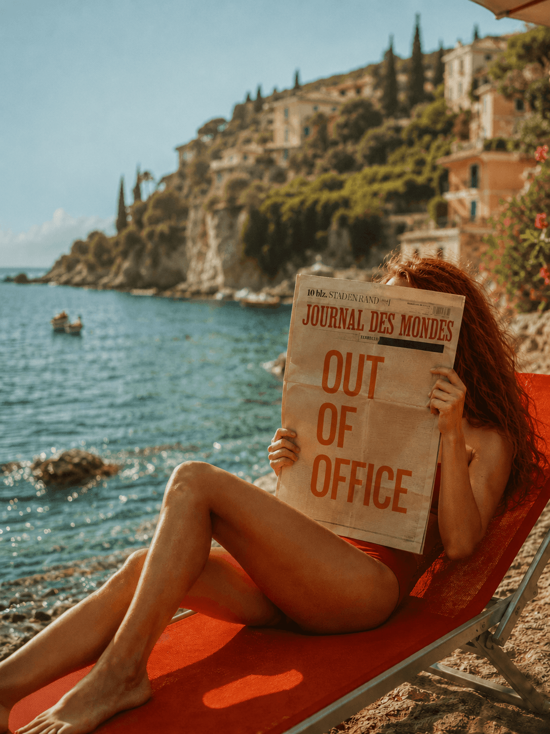 Person sitting on a beach chair by the ocean, reading a newspaper with 'Out of Office' text. Suvera Skincare, natural skincare