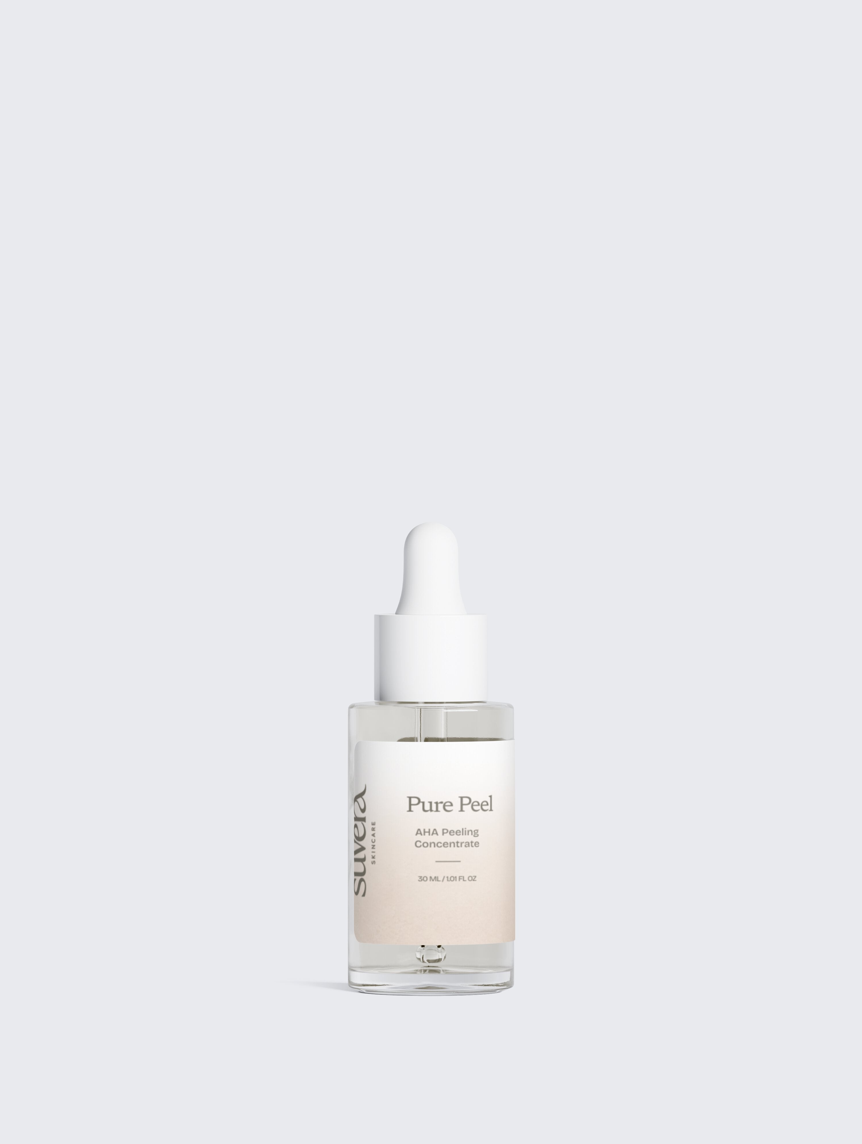 Skincare serum bottle labeled 'Pure Peel' on a light gray background Suvera Skincare, skincare rituals, vegan skincare