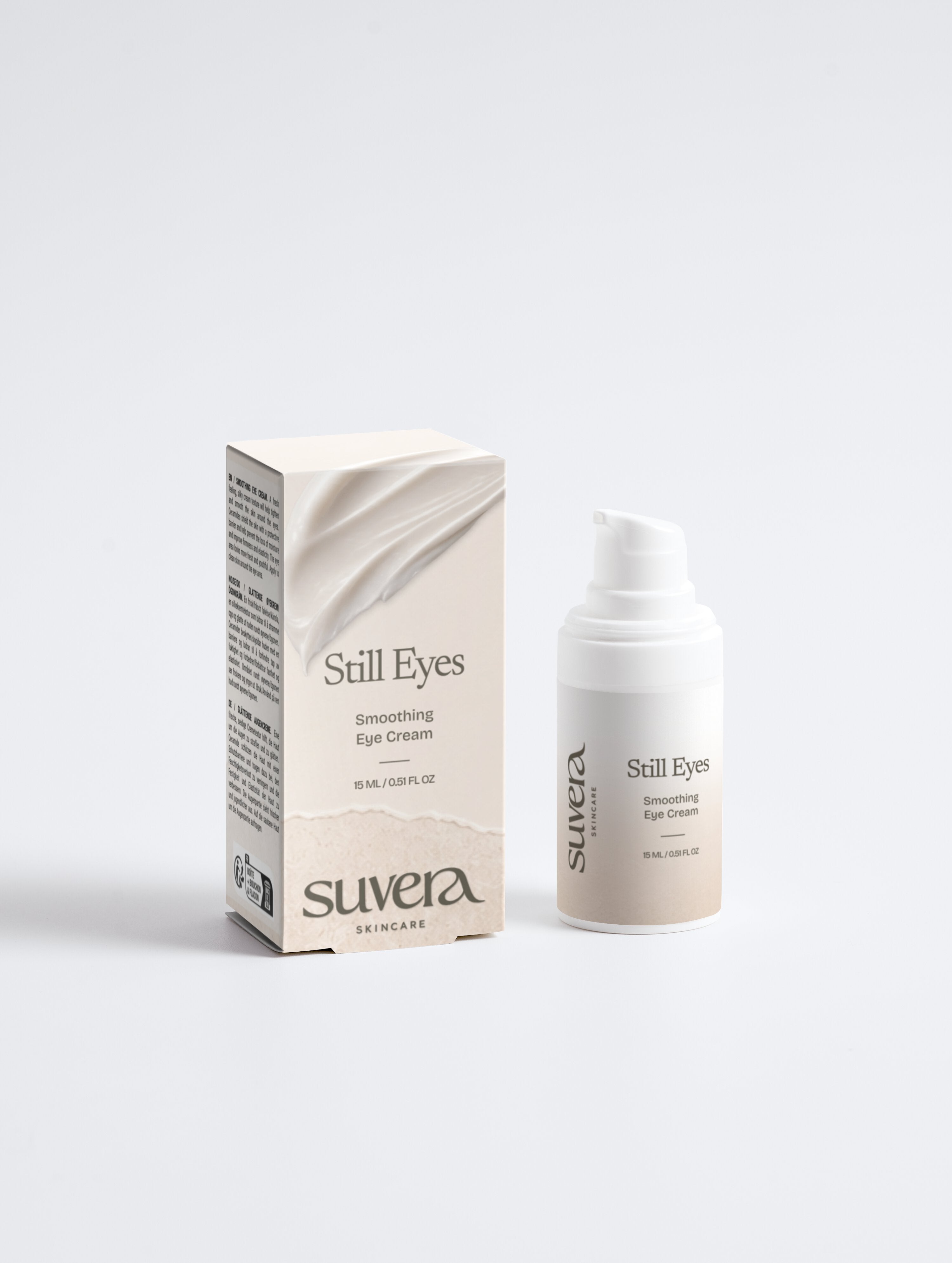 Suvera 'Still Eyes' smoothing eye cream with packaging on a white background Suvera Skincare, nut-free skincare, luxury skincare