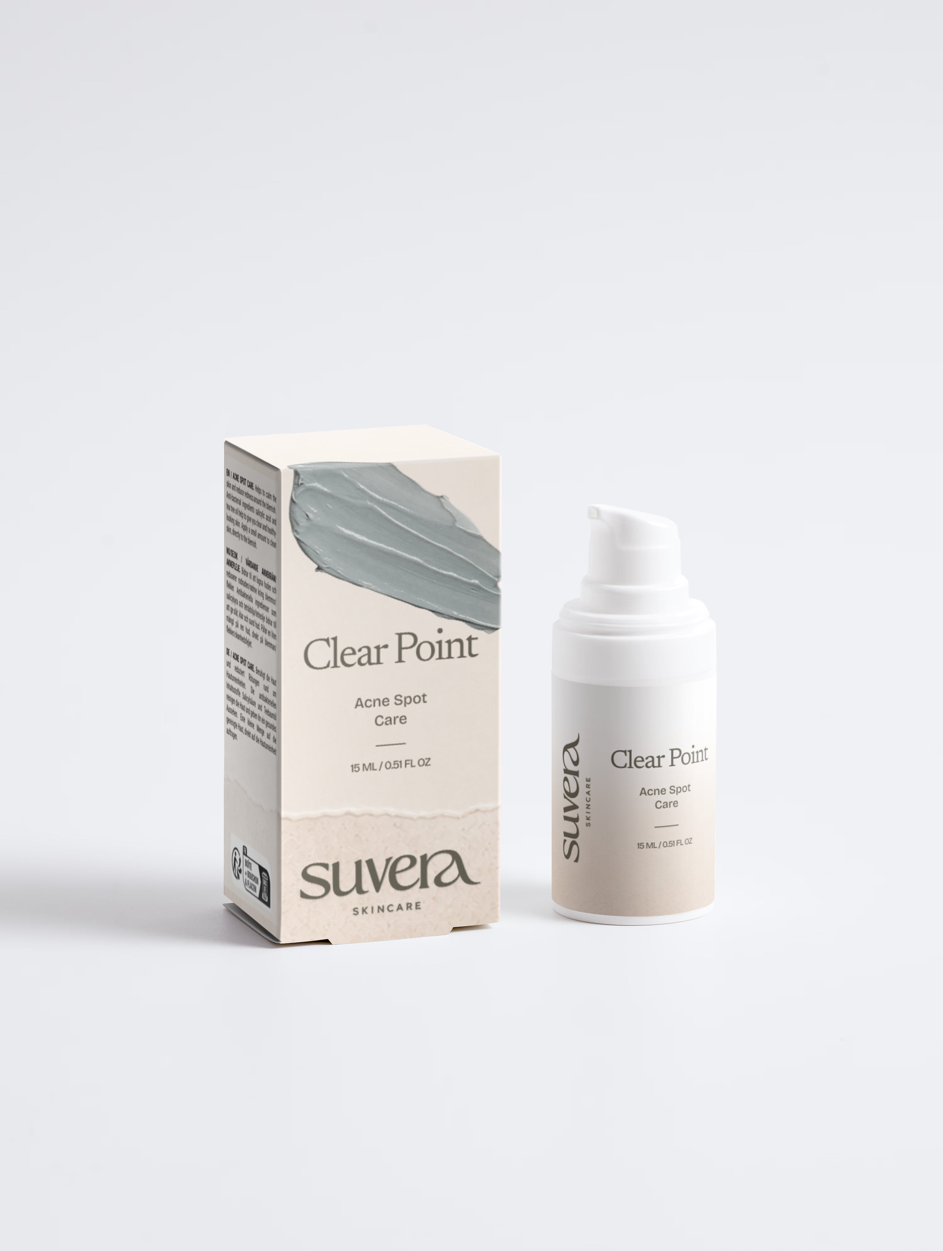 Suvera Clear Point Acne Spot Care shown with its beige retail box and matching pump bottle on a clean light gray studio background.