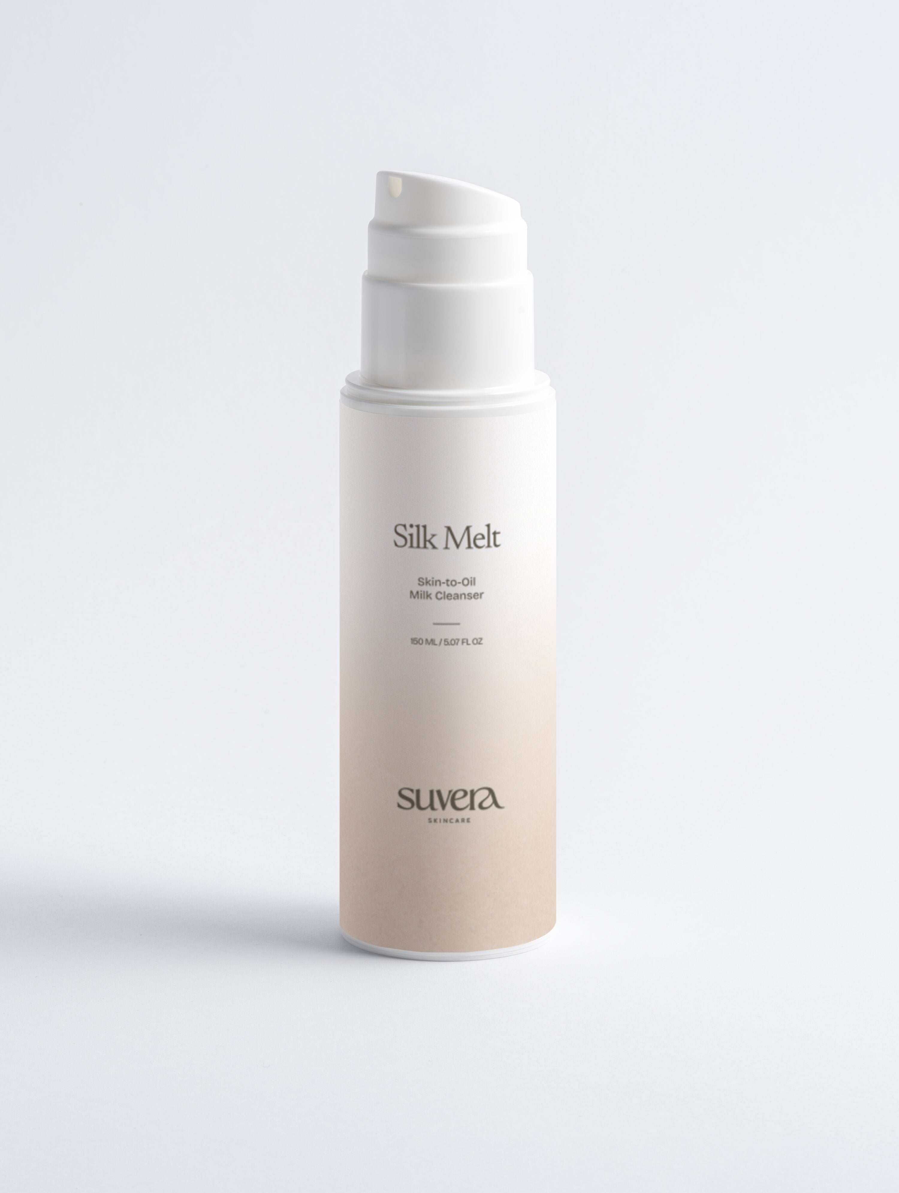 Skincare bottle labeled 'Silk Melt' by suuera on a light gray background Suvera Skincare, natural beauty