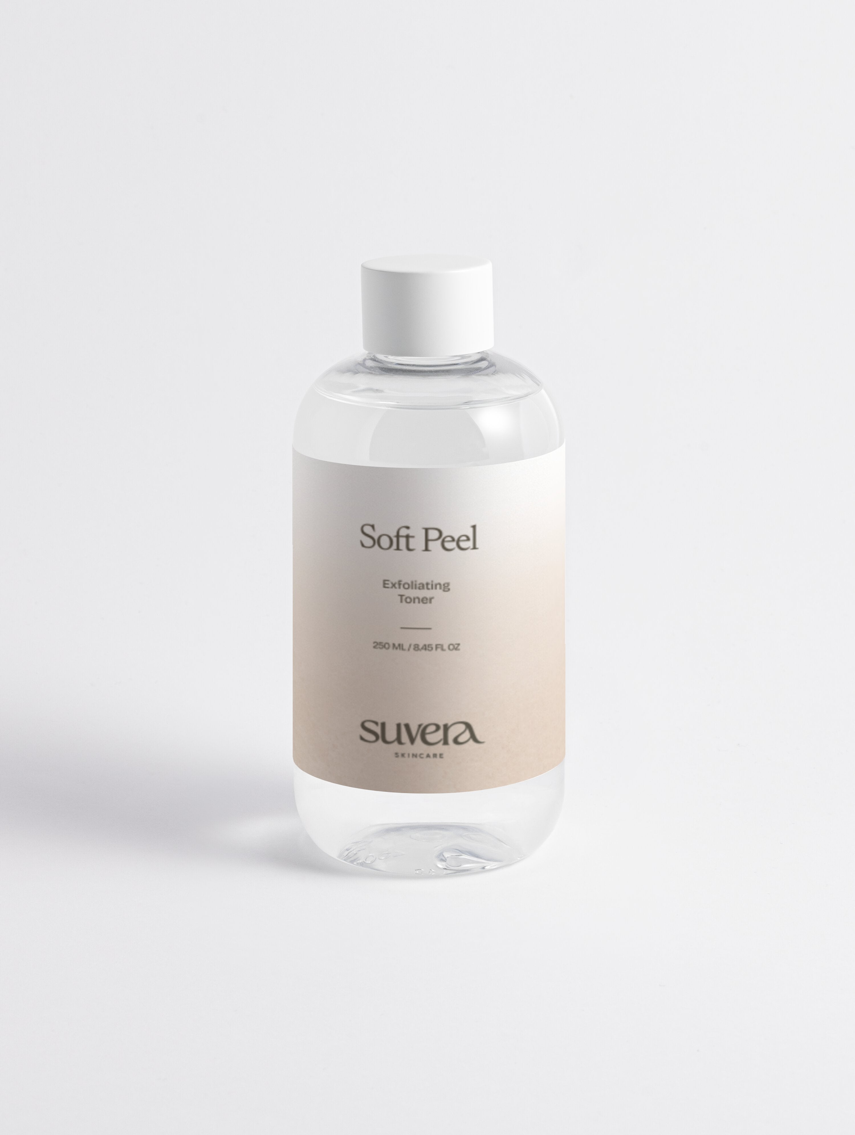 Suvera Soft Peel toner bottle on a white background Suvera Skincare, gentle skincare