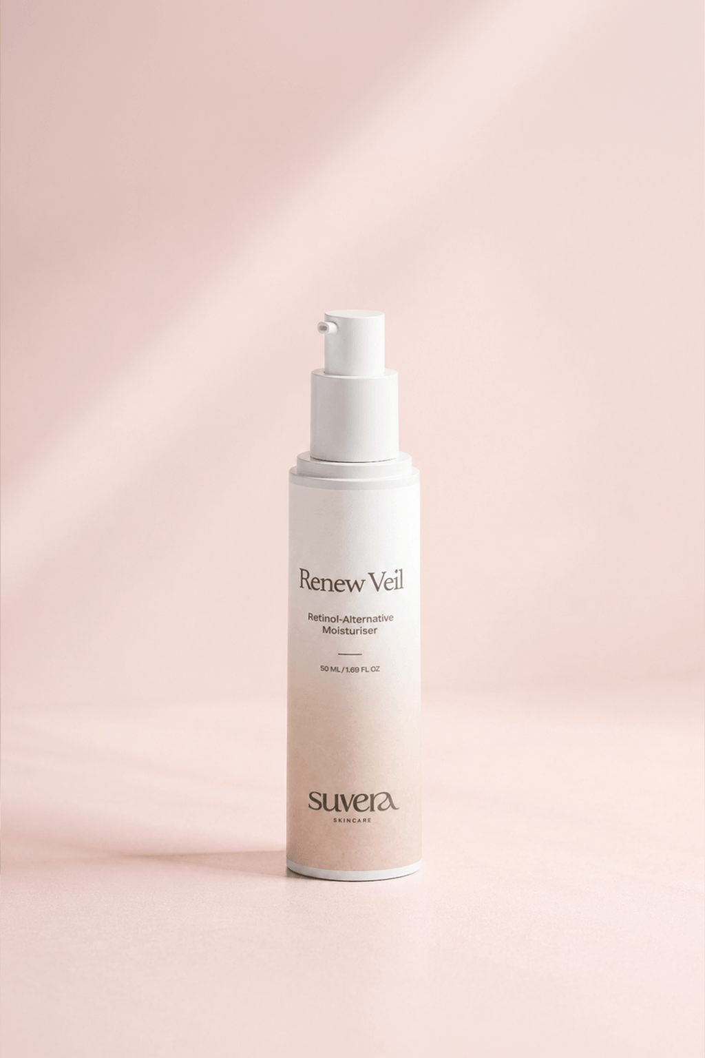 Skincare bottle labeled 'Renew Veil' by 'suvera' on a pink background