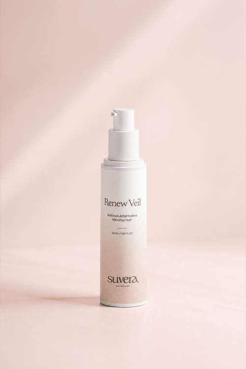 Skincare bottle labeled 'Renew Veil' by 'suvera' on a pink background