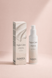 Suvera Night Calm skincare product on a pink background Suvera Skincare, peptide eye care, anti-age skincare, refined beauty