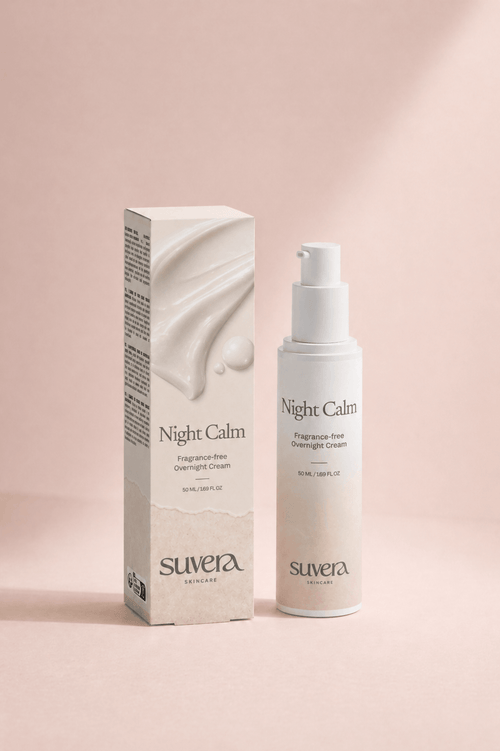 Suvera Night Calm skincare product on a pink background Suvera Skincare, peptide eye care, anti-age skincare, refined beauty