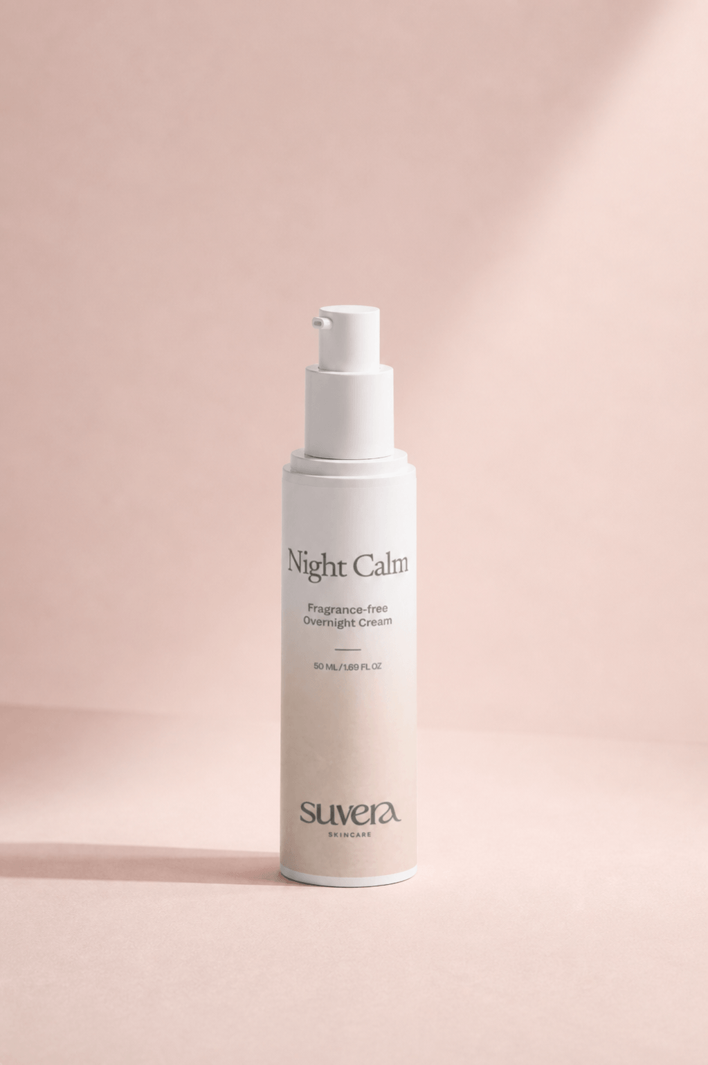 Suera Night Calm product on a pink background Suvera Skincare, limited skincare drop, modern skincare ritual