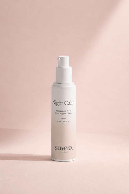 Suera Night Calm product on a pink background Suvera Skincare, limited skincare drop, modern skincare ritual