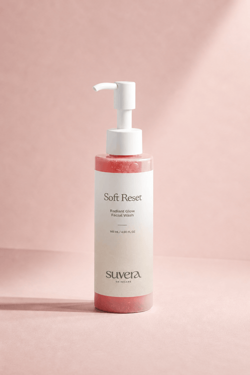 Suvera Clear Balance purifying face wash bottle with cleanser splash on blush pink background