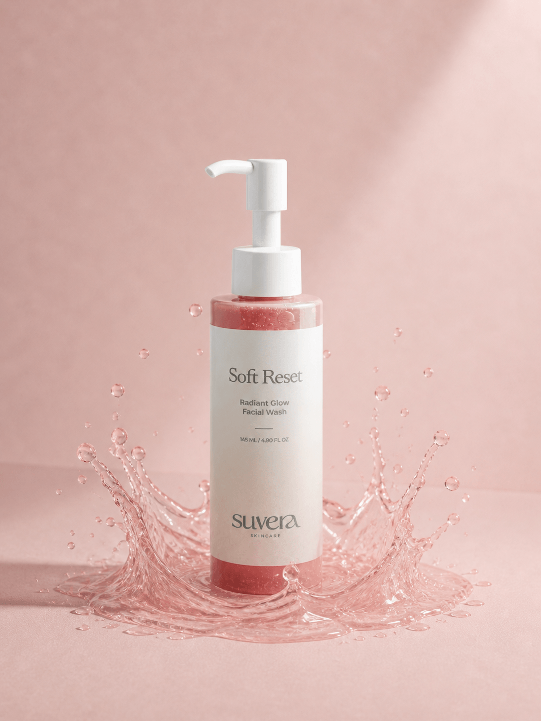 Suvera Soft Reset product with pink liquid splash on a pink background