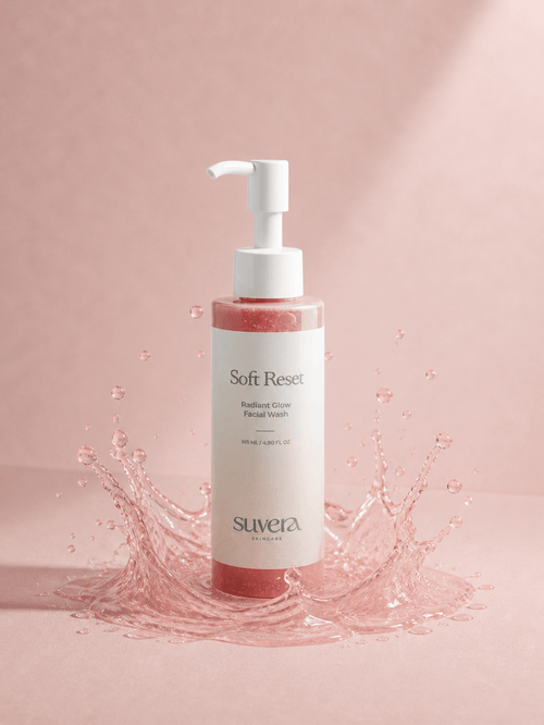 Suvera Soft Reset product with pink liquid splash on a pink background
