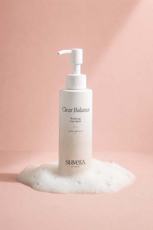 Clear Balance skincare bottle on foam Suvera Skincare, refined skincare