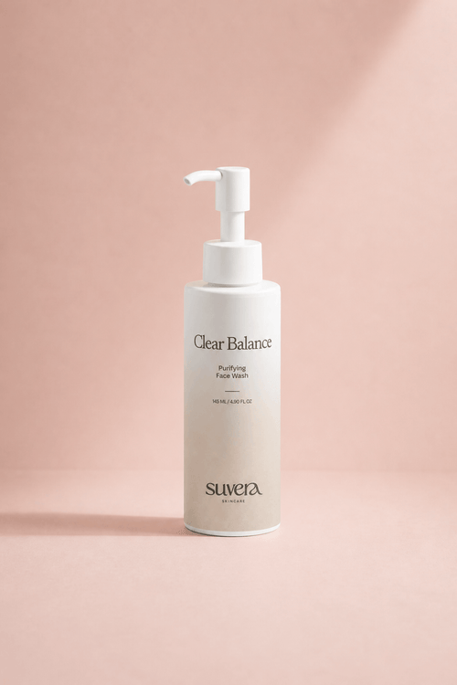 Suvera Clear Balance purifying face wash in minimal luxury skincare packaging on soft blush pink background