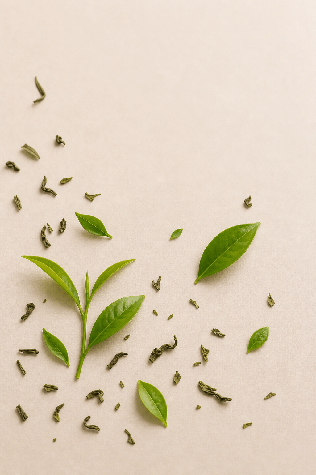 Tea leafs on terracotta background Suvera Skincare, vegan self-care