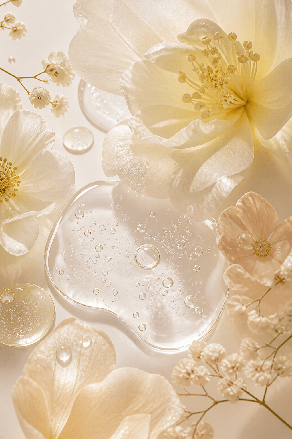 Close-up of white flowers with water droplets on a light background Suvera Skincare, skin ritual