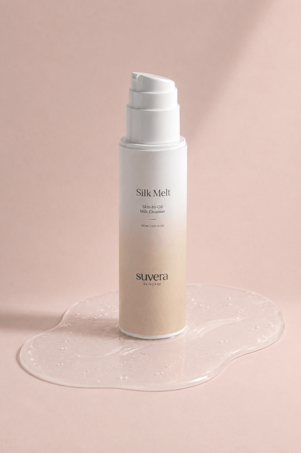 Skincare bottle labeled 'Silk Melt' by suvera on a pink background Suvera Skincare, daily ritual