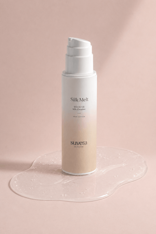 Skincare bottle labeled 'Silk Melt' by suvera on a pink background Suvera Skincare, daily ritual