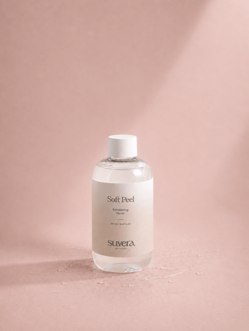 Bottle of Suvera Soft Peel on a pink background Suvera Skincare, natural beauty