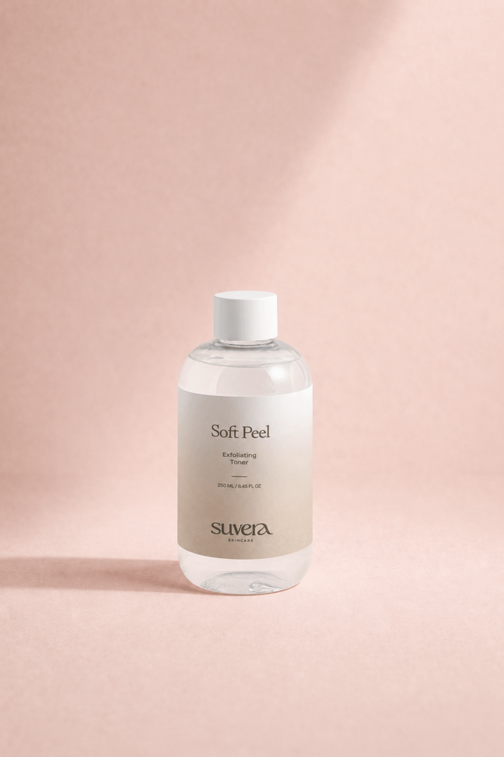 Suvera Soft Peel bottle on a pink background Suvera Skincare, vegan self-care