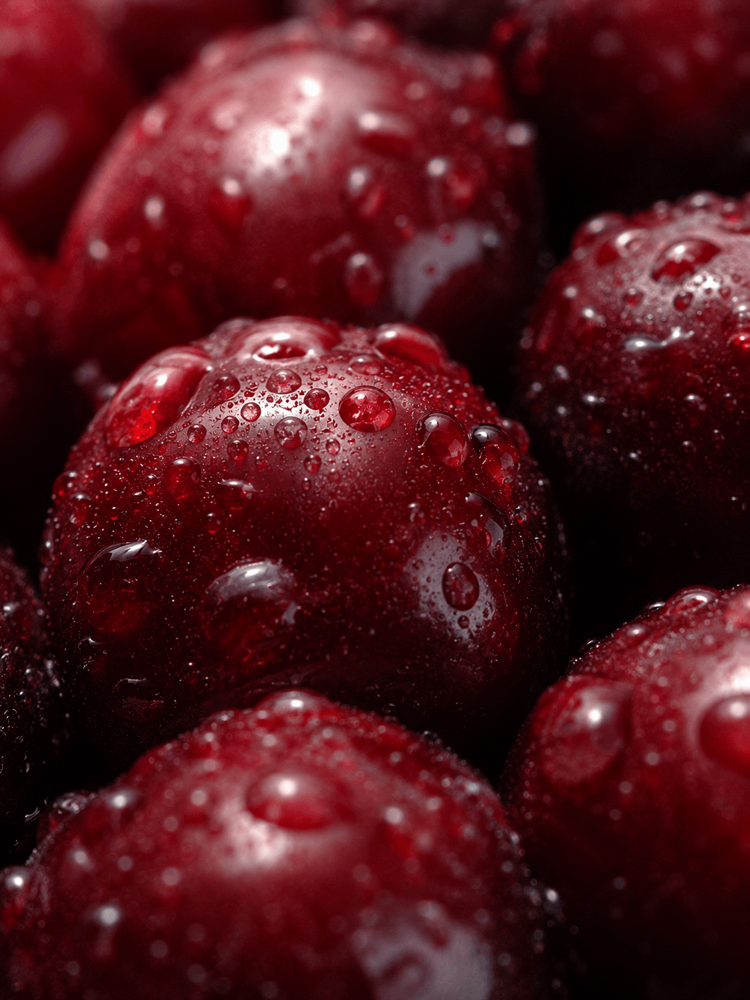 Close-up of wet red plums with water droplets on a dark background Suvera Skincare, refined skincare