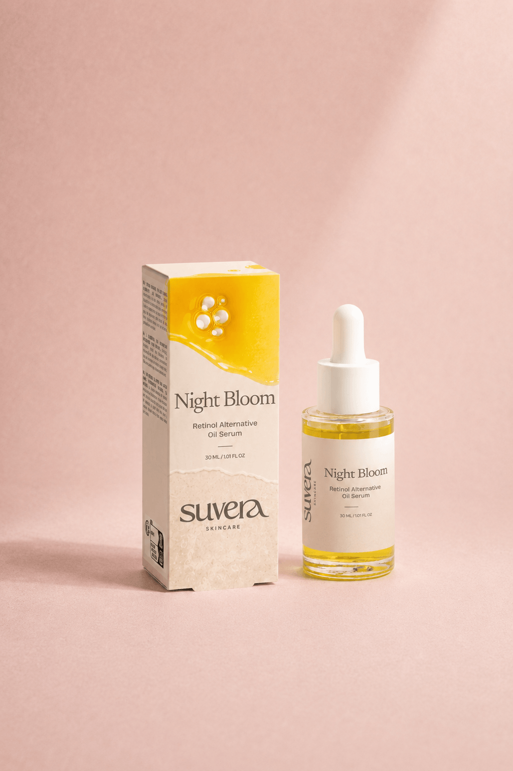 suvera Night Bloom oil serum bottle and packaging on a pink background Suvera Skincare, vegan skincare, Bureau Veritas certified