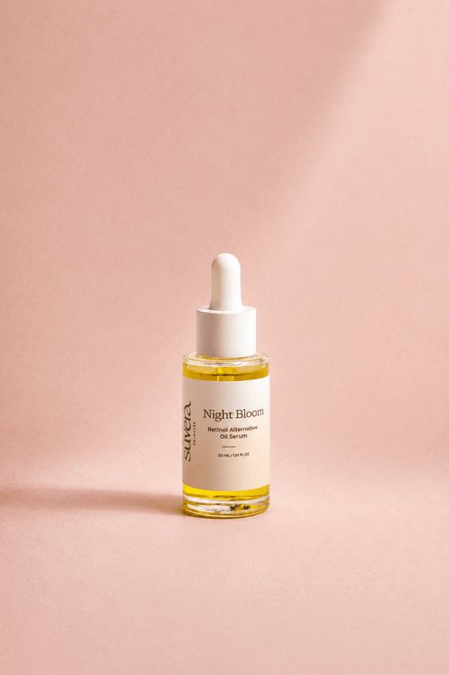 Skinceuticals Night Bloomer bottle on a pink background Suvera Skincare, nut-free skincare, COSMOS certified