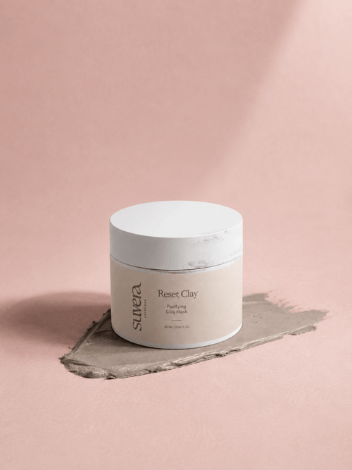 Sculpt Reset Clay jar on a pink background Suvera Skincare, natural vegan skincare, skincare rituals