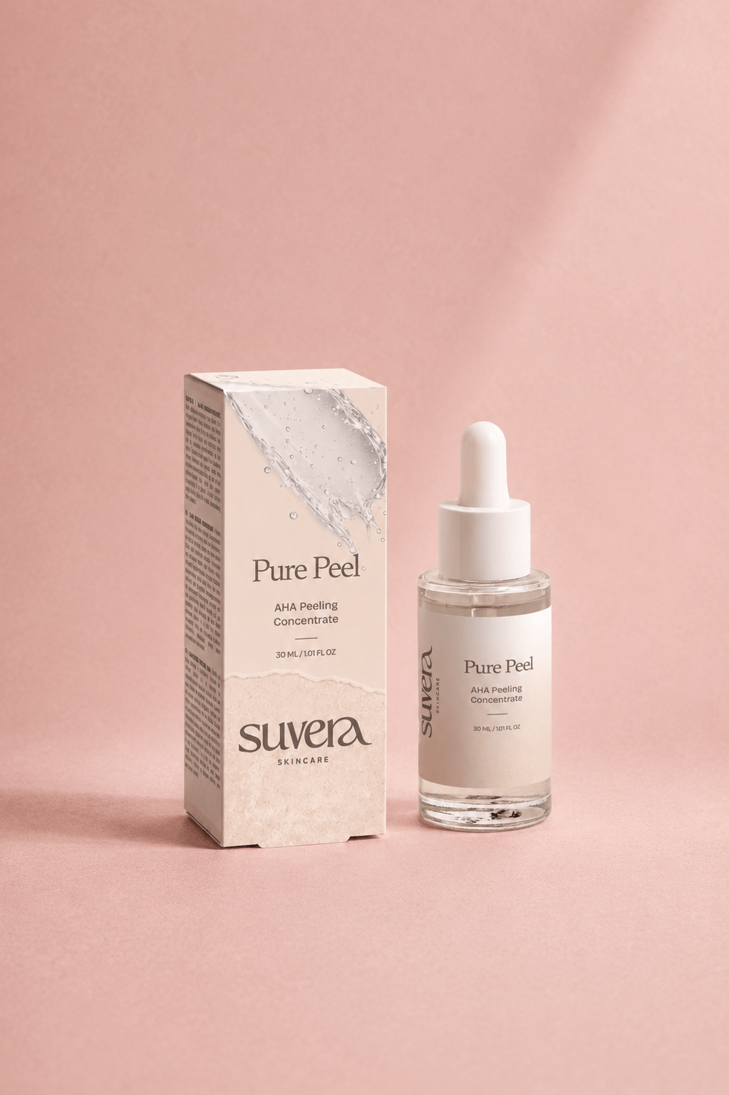 Suvera Pure Peel skincare product packaging on a pink background Suvera Skincare, vegan skincare, nut-free skincare