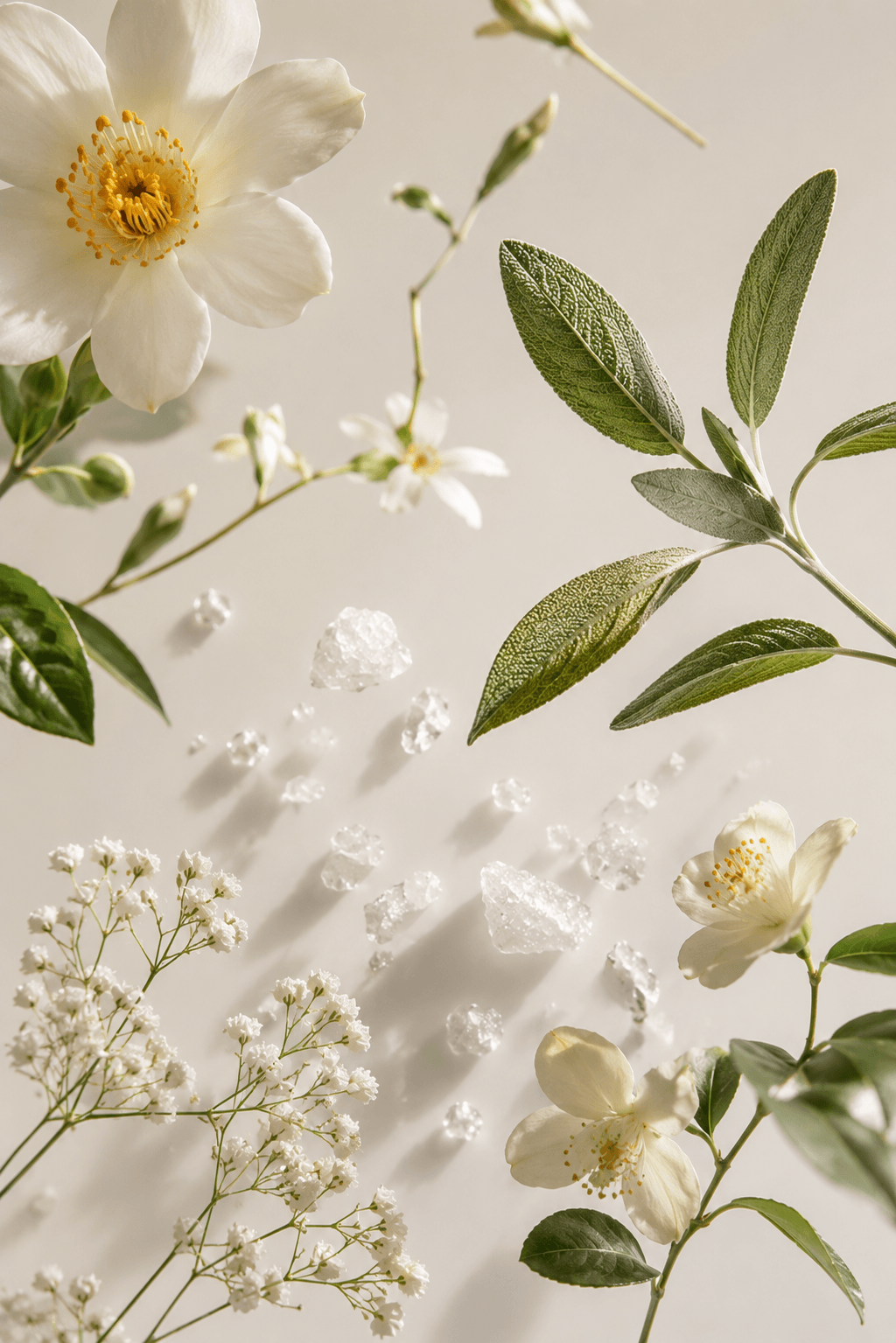 White flowers and green leaves on a light background Suvera Skincare, Bureau Veritas certified, natural vegan skincare