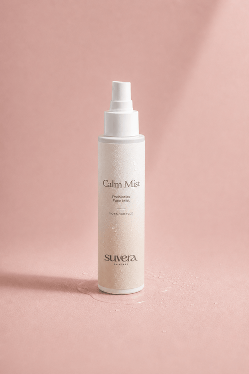 Suvera Calm Mist bottle on a pink background Suvera Skincare, nut-free skincare, luxury skincare