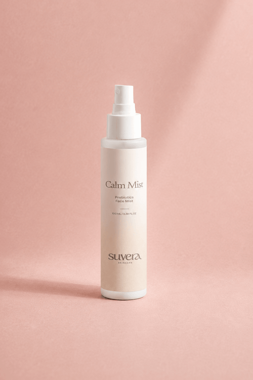 Suvera Calm Mist bottle on a pink background Suvera Skincare, COSMOS certified, skincare rituals