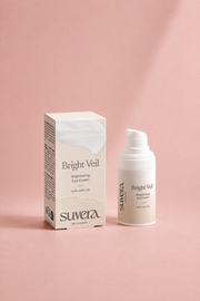 Suvera Bright Veil eye cream packaging and bottle on a pink background Suvera Skincare, natural vegan skincare, skincare rituals